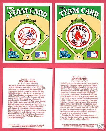 1983 Post Super Sugar Crisp Baseball TEAM CARD Set  