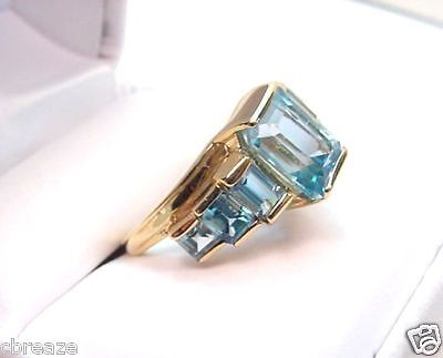 EMERALDS CUTS SKY BLUE NATURAL TOPAZ 14K GOLD RING  