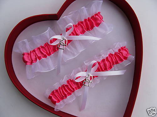 Double Heart Wedding Garter Set Hot Pink / White   Prom  