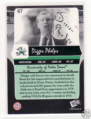 DIGGER PHELPS SIGNED NOTRE DAME 2007 PRESS PASS #67  