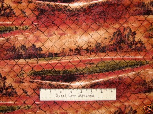 Field Chicken Wire Fence Rustic Foliage Farm Theme Rust Cotton Fabric