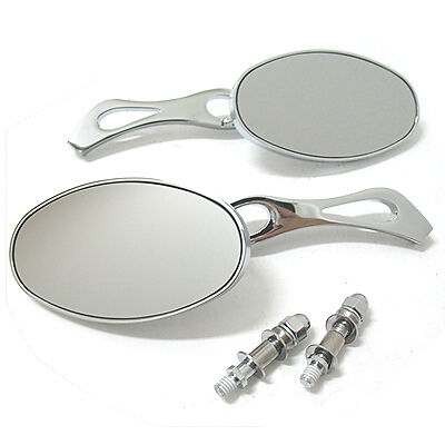 Chrome Oval Mirror Flame Stem Set for Harley & Metric  