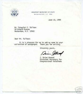 Brian Atwood as Secretary State Author Signed Autograph Letter