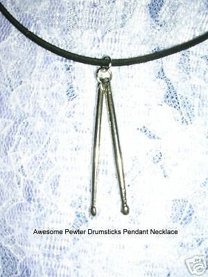 MUSIC DRUMS DRUMSTICKS PEWTER PENDANT 18 BLK NECKLACE  