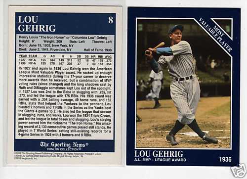 LOU GEHRIG Yankees 1936 MVP Conlon Collection COLOR #8  